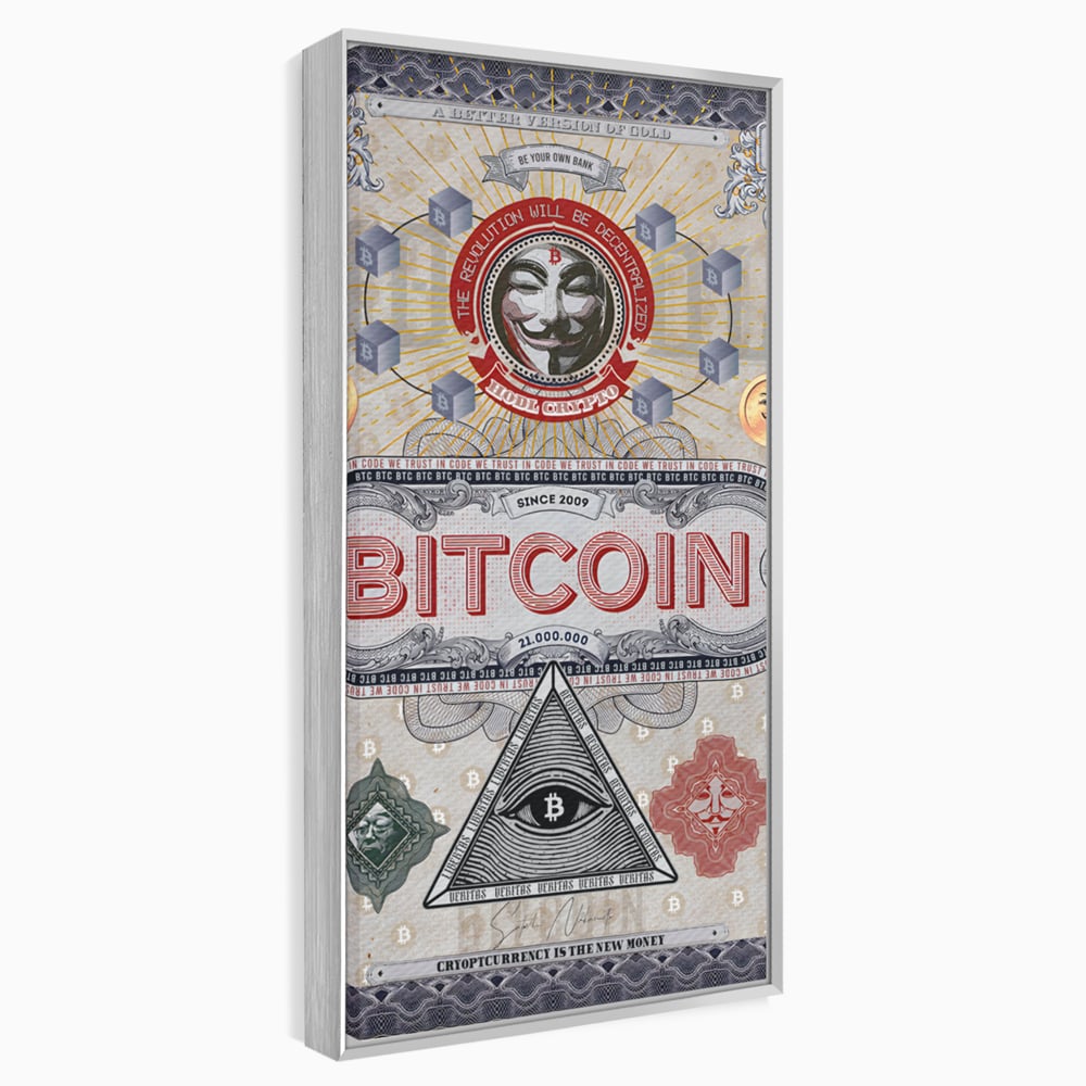 Tablou canvas cu ilustratie digitala cu tema bitcoin si criptomonede, in rama de aluminiu argintiu